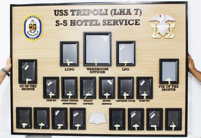 SA1471 - Carved Faux Wood Grain High-Density-Urethane  Photo Chain-of-Command   Board  for the US Navy  Ship  USS Tripoli Hotel Service Department 