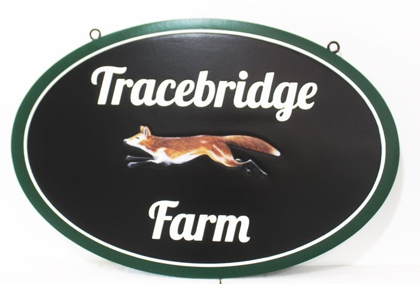 O24610- Carved  Sign for  Tracebridge Farm, with Artist-Painted Running Fox as Artwork