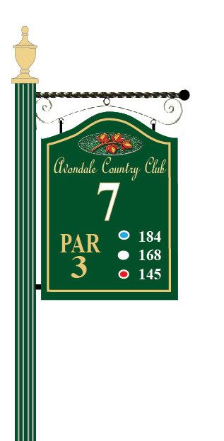 E14410 - Golf Tee Sign Hanging from  Golfer Wrought Iron Scroll Bracket 