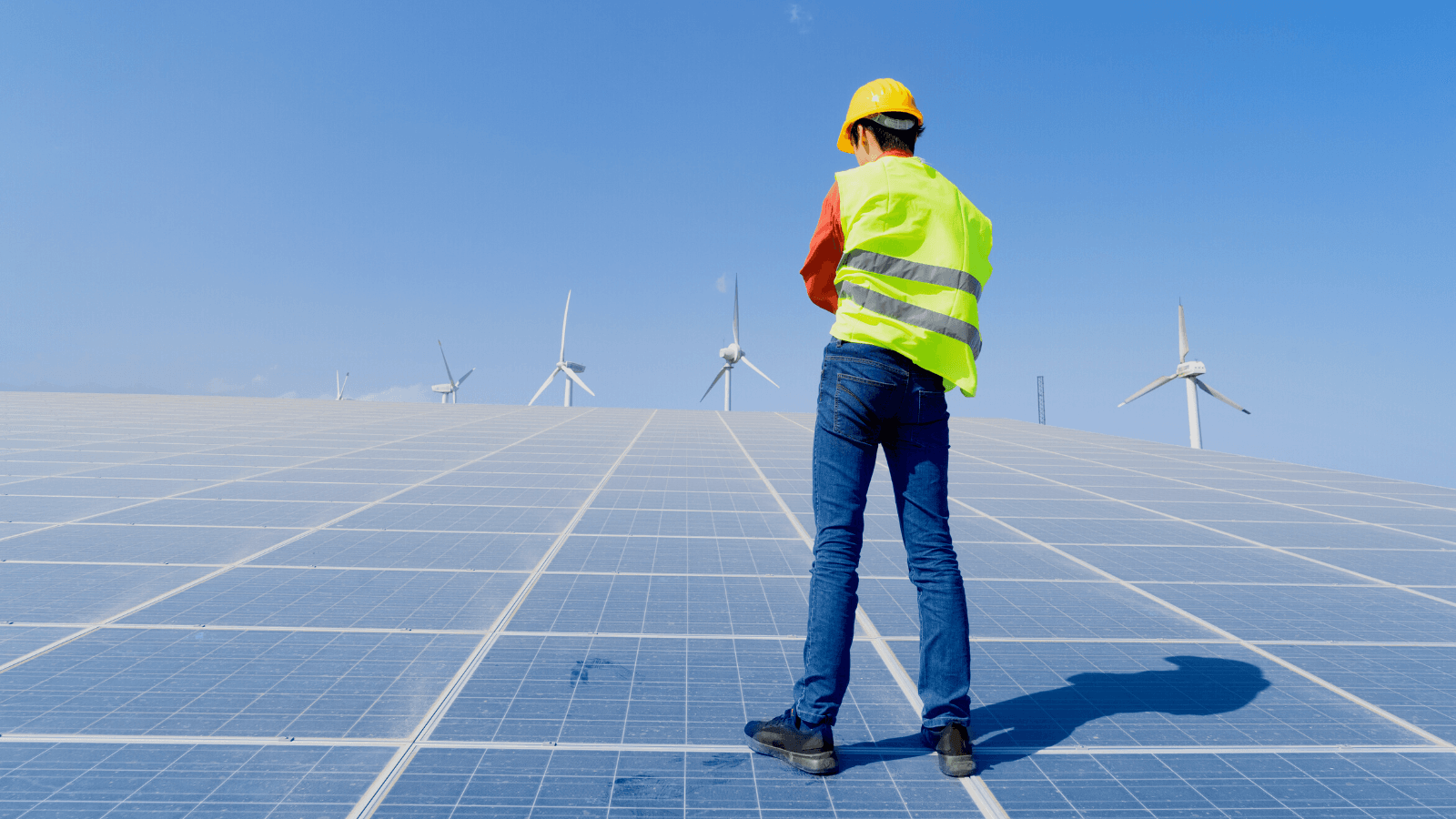 Worker standing on solar panel in front of wind turbines