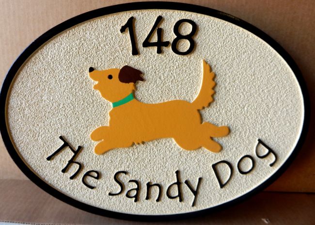 I18606 - Sandblasted Home Address Sign, with a Happy Dog as Carved Artwork