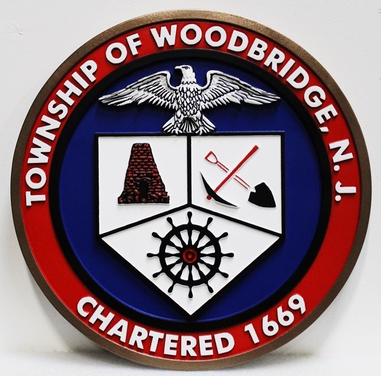 DP-2385 - Carved 2.5-D HDU Plaque of the Seal of the Township of Woodbridge, New Jersey, Artist-Painted