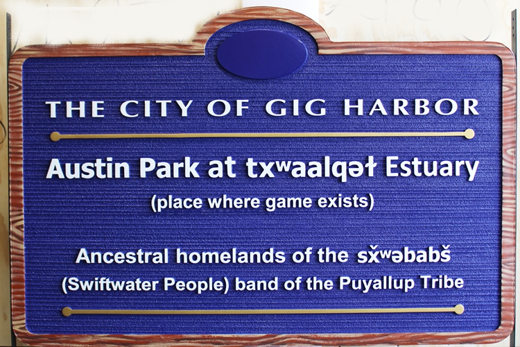 GA16509 - Carved and Sandblasted Wood Grain HDU Entrance Sign   for Austin  Park in the City of Gig Harbor, with Border Painted in Faux Wood Grain Pattern 