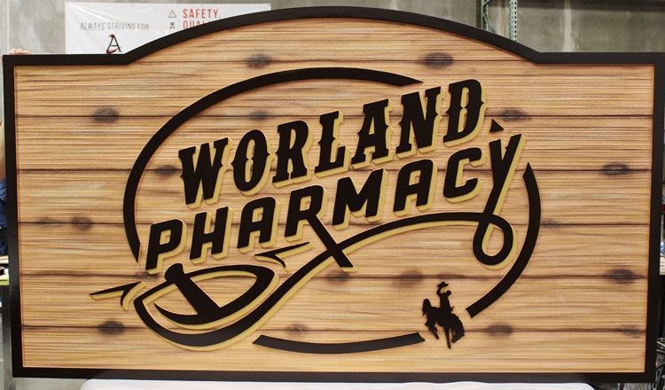 M1913 - Sandblasted Faux Rough Wood  Board Sign for the Worland Pharmacy 