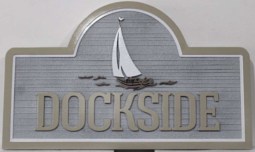 L21325 - Engraved Sailboat Coastal Residence Sign, "Dockside"