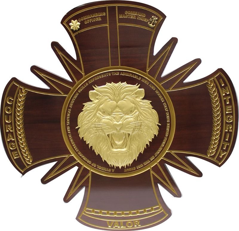UP-1133 - Carved 3-D Bas-Relief Mahogany Wood Plaque of the Lion Emblem of the Crew of the USS Stout, US Navy Arleigh Burke-Class Destroyer