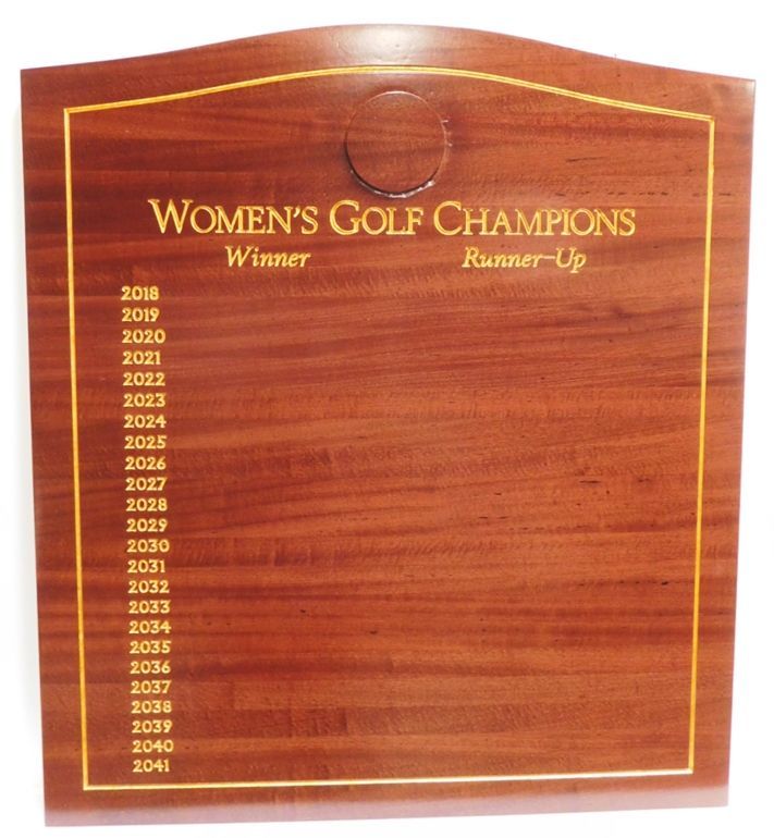 SB1240 - Women's Club Champion Perpetual  Plaque with the Names of  Champions Engraved in African Mahogany and Gilded with 24K Gold Leaf