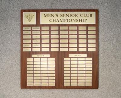 E14707  - Perpetual Mahogany Wall Plaque with Engraved Brass Tags; Golf Club Championship Winners