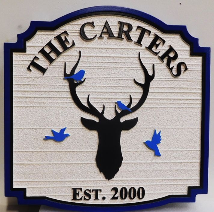 M22644 - Carved and Sandblasted cabin  name sign "The Carters" with a Deer's Head and Bluebirds 