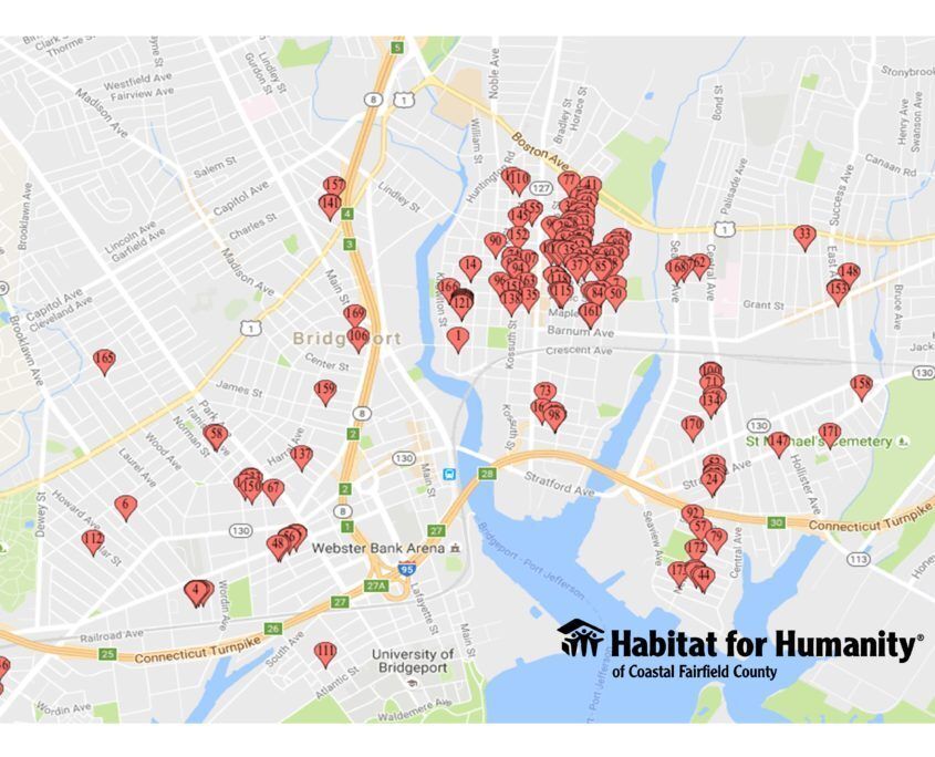 Map of the houses Habitat CFC has built to date in Bridgeport.