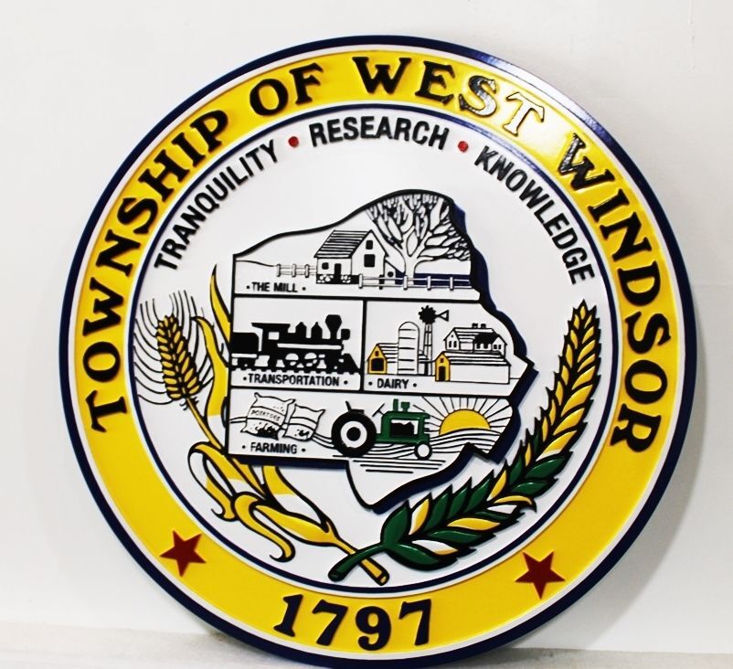 DP-2372 - Carved 2.5-D Multi-level HDU Plaque of the Seal of the Township of West Windsor, New Jersey,  Artist-Painted