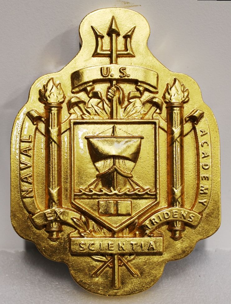 XP-1025 - Carved 3-D Brass-Plated Coat-of-Arms / Crest of Naval Academy  