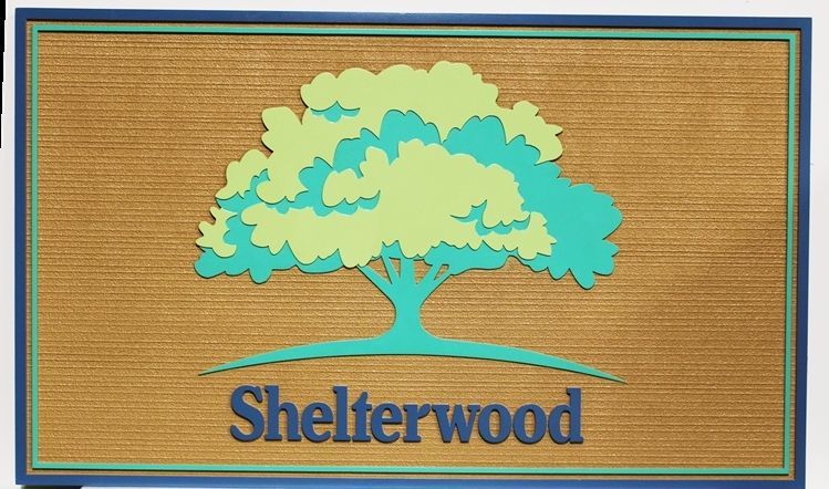 GC16212 - Carved and Sandblasted Wood Grain High-Density-Urethane (HDU) "Shelterwood" Sign  for a Garden Cemetery, with a Large Shade Tree as Artwork