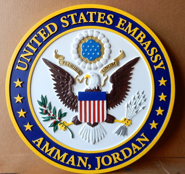 U30328 - Carved 3-D Hand-painted Wall Plaque of Great Seal of the US for the US Embassy in Amman, Jordan