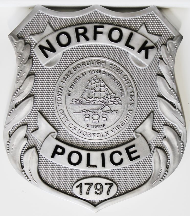 PP-1473 - Carved 3-D Bas-Relief HDU Plaque of the Badge of the Norfolk Police Department , Virginia 
