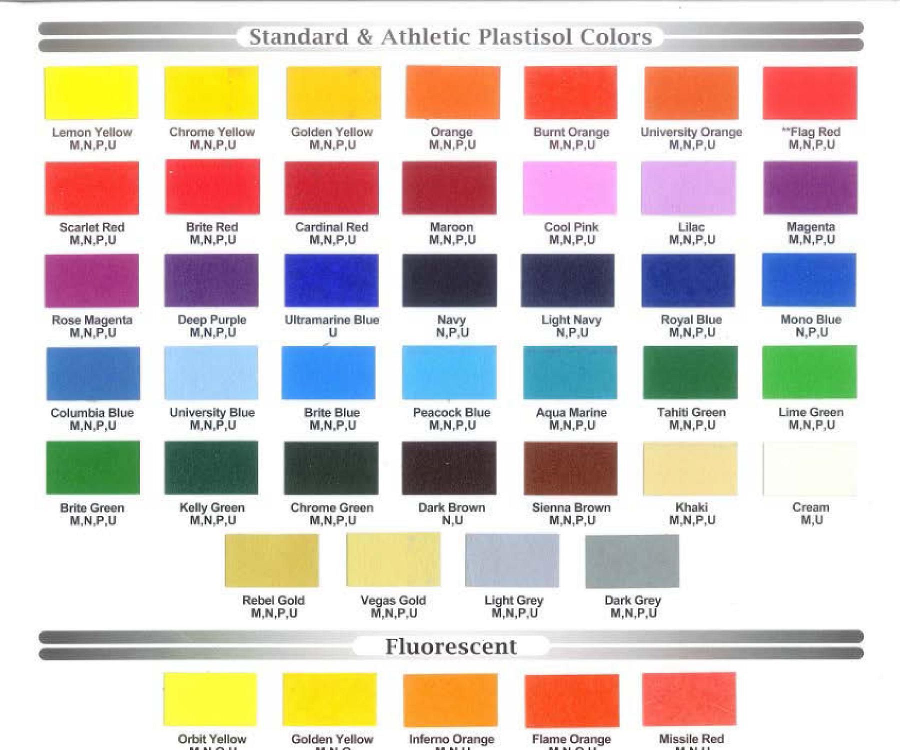 Screen Print Ink Color Options
