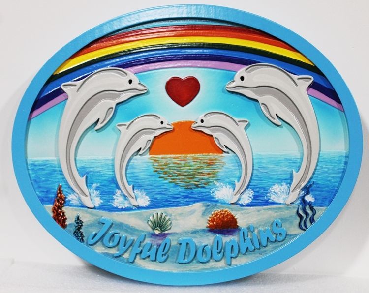 L23189A - Carved 2.5-D Multi-level Raised Relief Coastal Residence Sign  "Joyful Dolphins", with  Four :eaping Dolphins and a Rainbow as Artwork