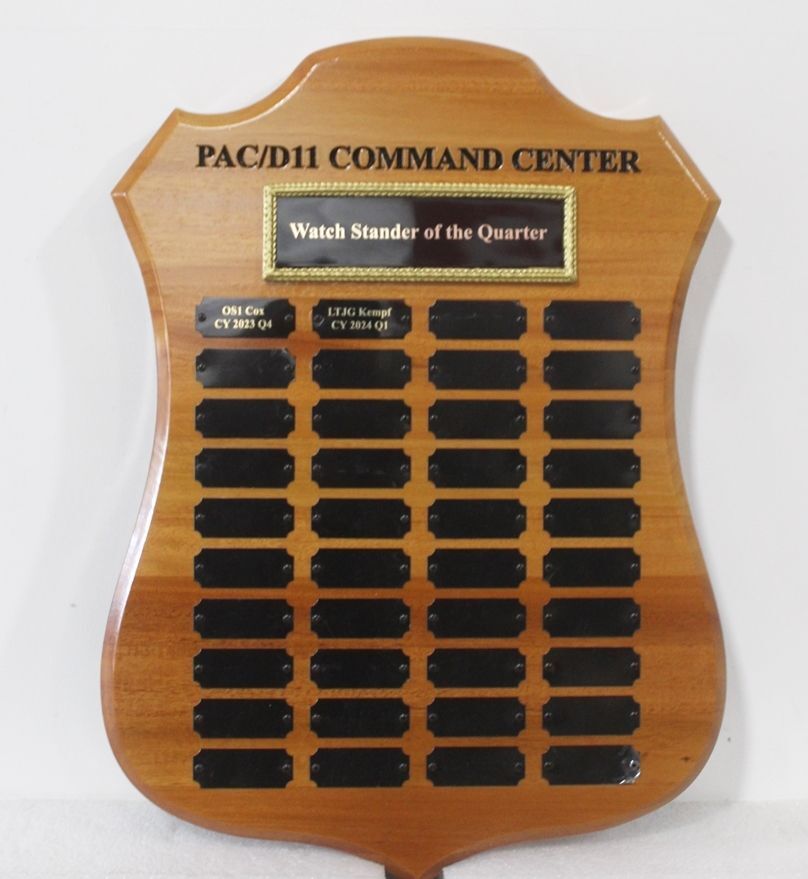 SB1187- Mahogany Shield Plaque for the Pacific District 11 (PAC/D11) Command Center, Recognizing Winners of the  "Watch Stander of the Quarter"