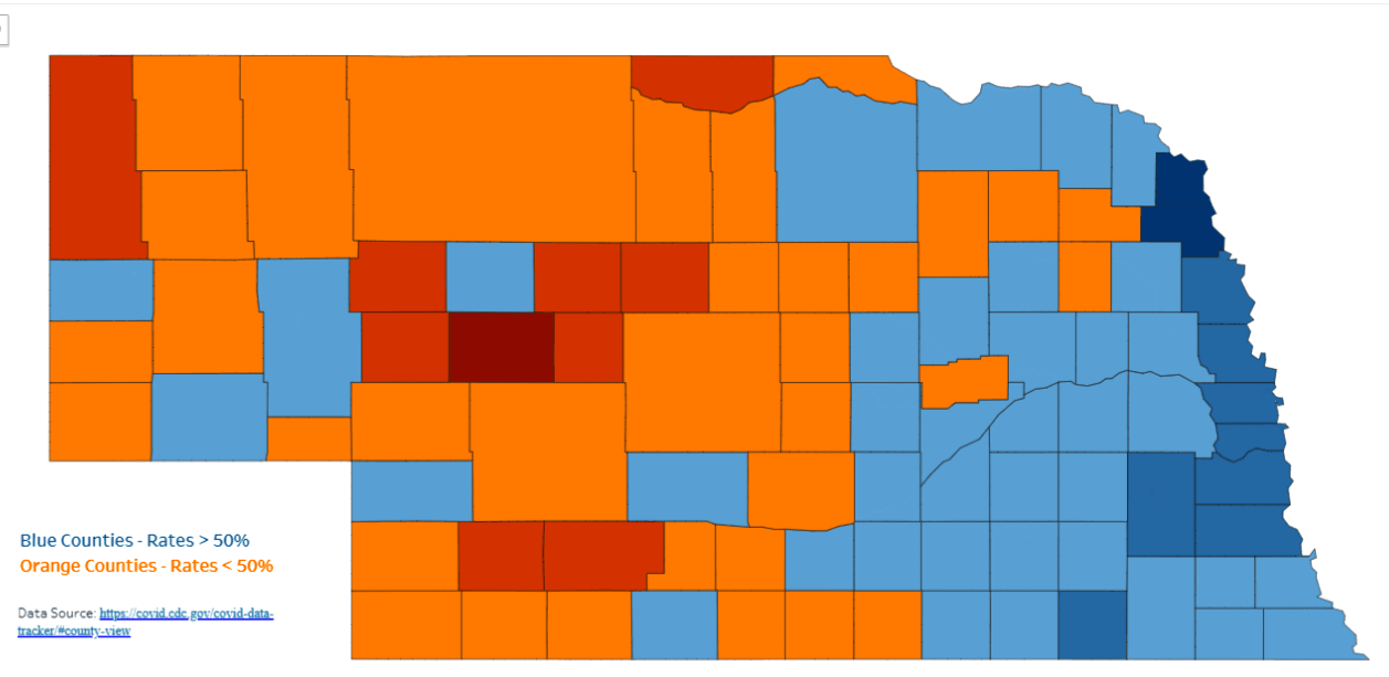 Primary Dose Vax Rates by Nebraska County, Ages 18 Yrs. +