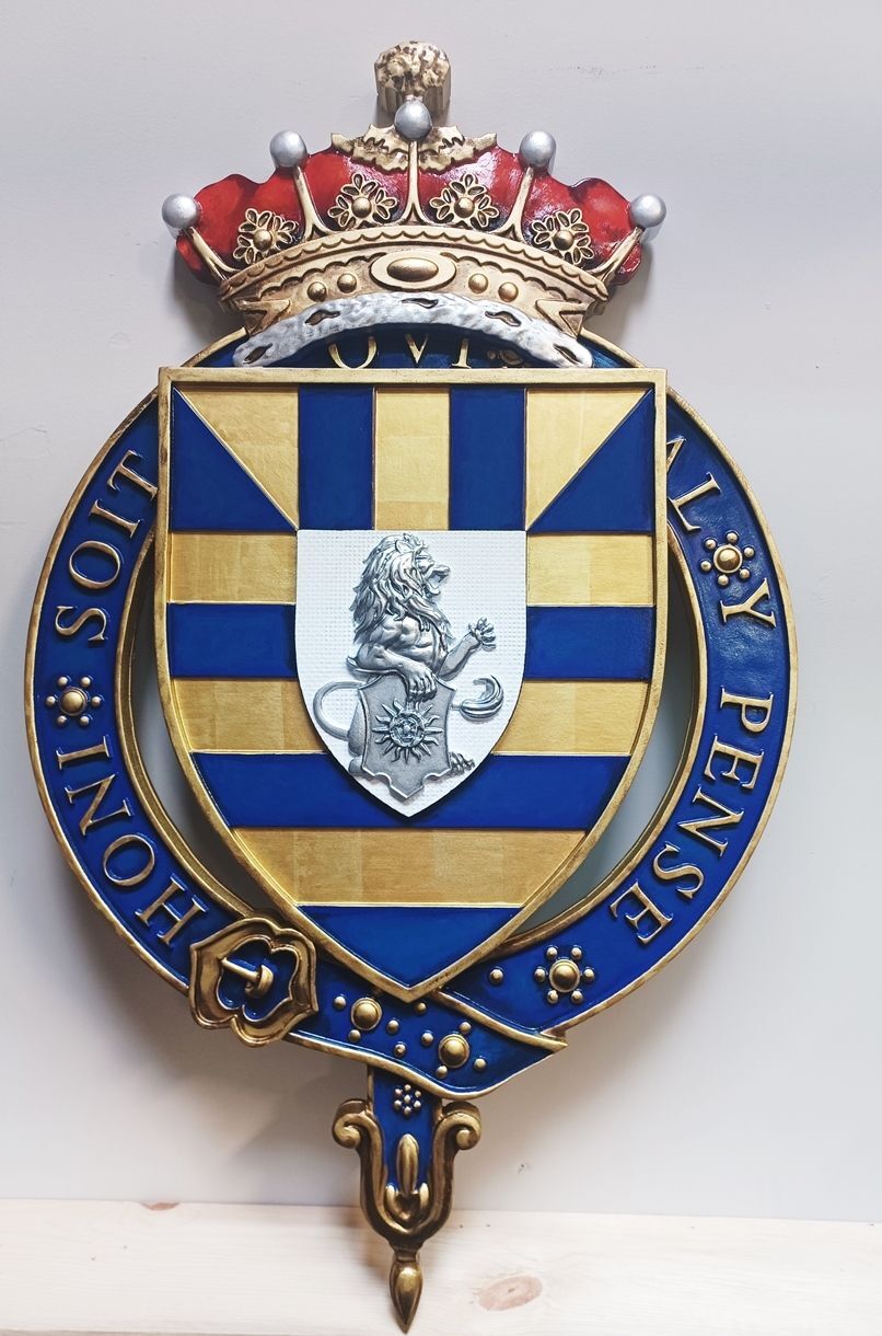 EP-1021 Carved 3-D Bas-Relief Plaque of a Coat-of-Arms with  a British Crown, a Shield and the Motto "Honi Soit Qui Mal Y Pense" ( Shame on Him who Thinks Evil of It )   