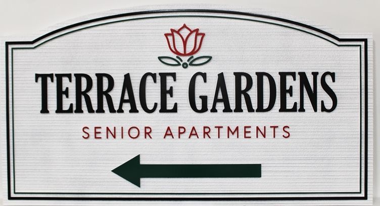 K20398 - Carved  and Sandblasted Wood Grain High-Density-Urethane (HDU)  Directional Entrance Sign for a Terrace Gardens Senior Apartments.