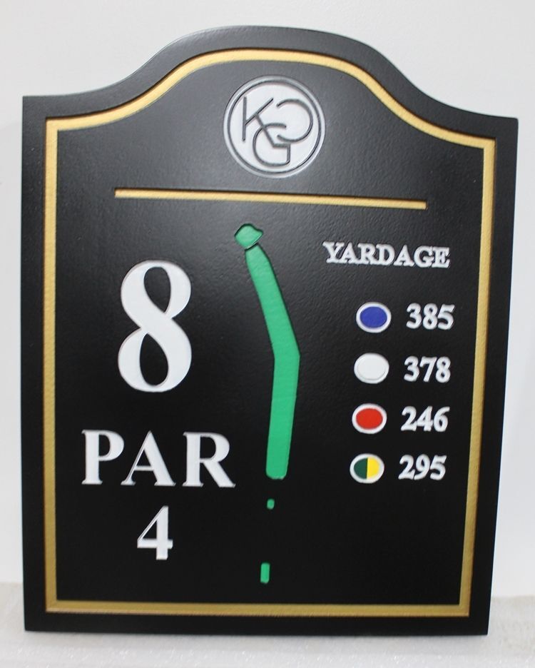 E14318 - Carved HDU Golf Course Tee #8  Sign for a  Golf Club , with Hole Layout and Yardages