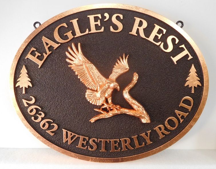 MC3030 - Eagle's Rest Address Plaque, 3-D  Copper-Leaf Gilded with Sandblasted Background