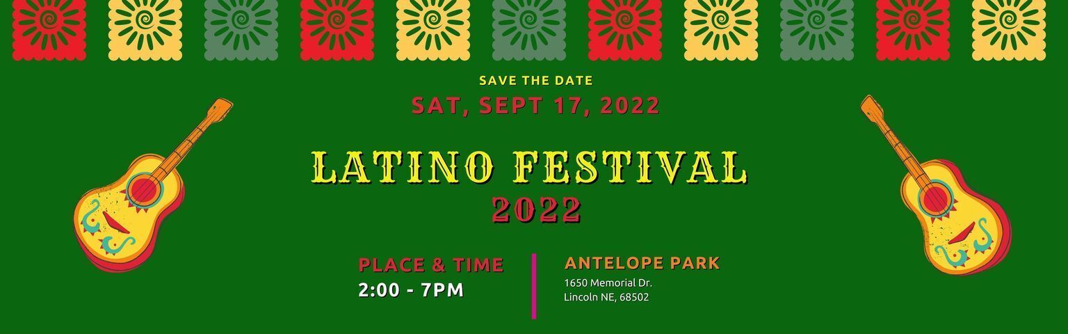 Latino Festival Saturday September 17th, 2022 from 2 - 7 pm at Antelope Park 1650 Memorial Drive. Enjoy Hispanic culture through Latin music, art, food, and traditions! 