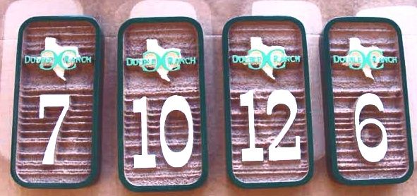 T29198 - Carved and Sandblasted Wood Grain  2.5-D High-Density-Urethane (HDU)  Room Number Plaques with Texas Ranch Logo