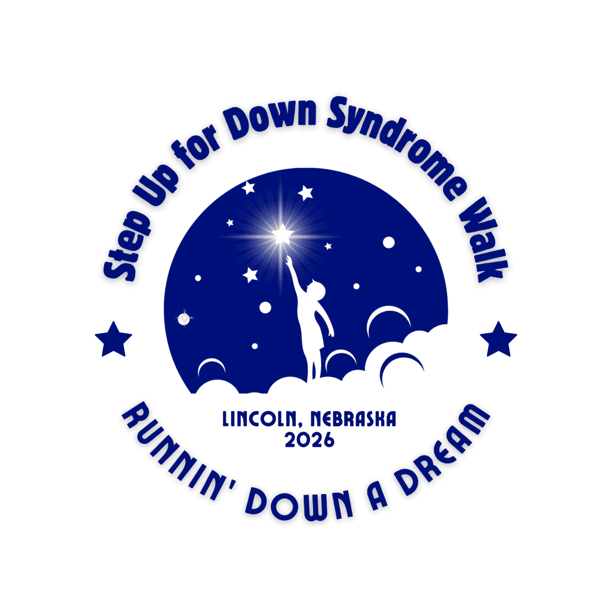 Image Navy on white background, child standing on cloud reaching for a star