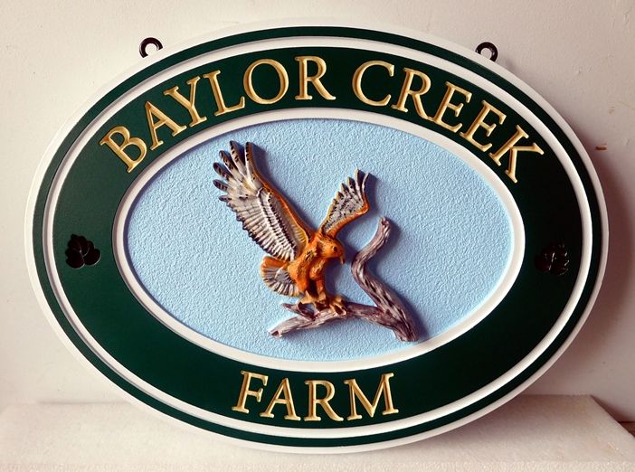 O24621 - Entrance Sign for Baylor Creek Farm, with Carved 3-D Golden Eagle Landing on a Branch