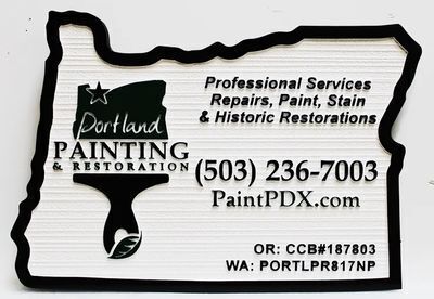   SC38308-- Carved and Sandblasted Wood Grain HDU Sign sign made for the Portland Painting & Restoration Company, with Paintbrush Logo as Artwork 