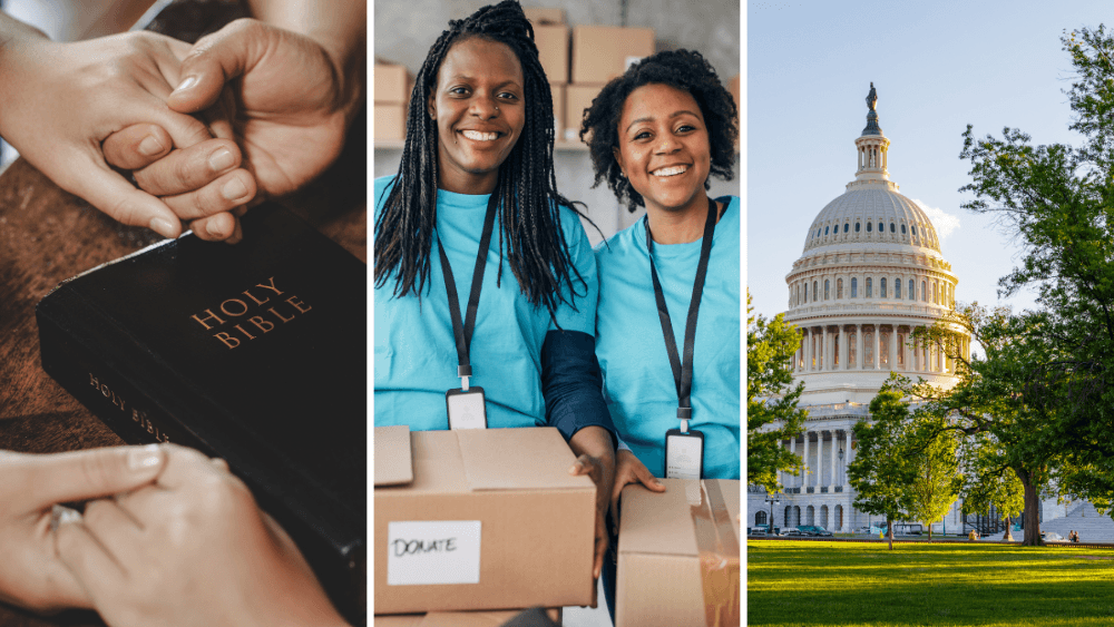 Three side-by-side images showing a Bible with people holding hands around it, two women holding cardboard boxes, and the U.S. Capitol