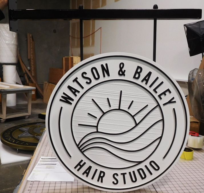 SA28806 - Carved and Sandblasted Hanging Sign for the "Watson & Bailey Hair Studio", 2.5-D Outline Relief .