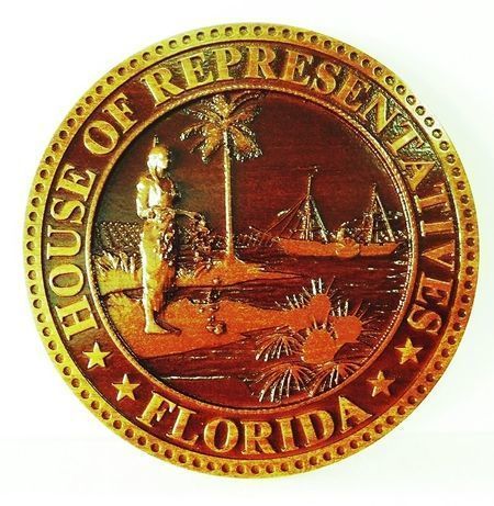 BP-1170 - Carved Plaque of the great Seal of the State of Florida (Old Style), Mahogany 