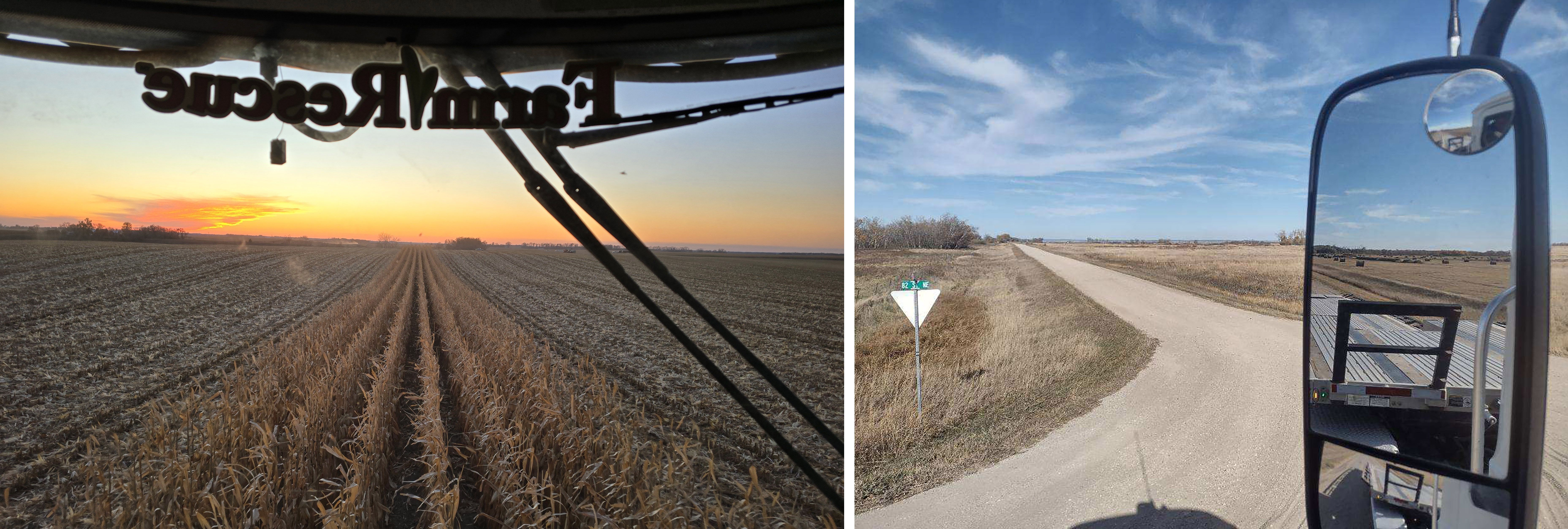 A view of the sunset from a combine's windshield as it harvests corn. A gravel road intersection as seen from the driver's side window of a semi truck.