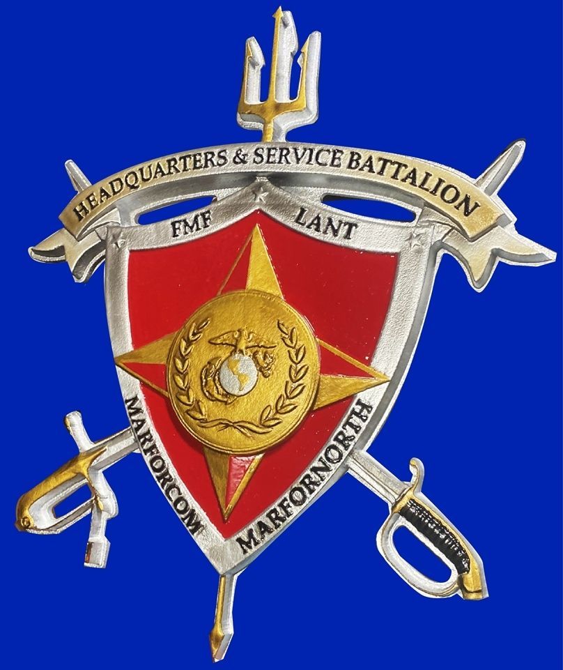 KP-2018 - Carved 3-D Bas-Relief HDU Plaque of the Crest of Crest of Headquarters and Service Battalion, MARFORCOM & MARFORCOM NORTH