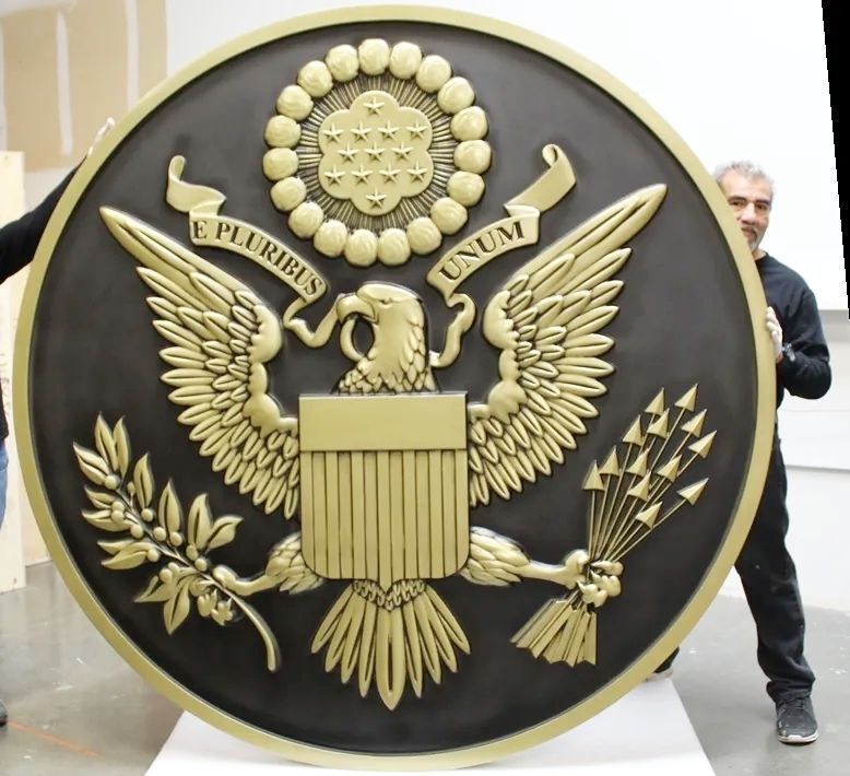 TA1045 - 8 ft diameter brass-plated wall plaque of the Eagle of the US  Great Seal,  carved in 3-D bas-relief