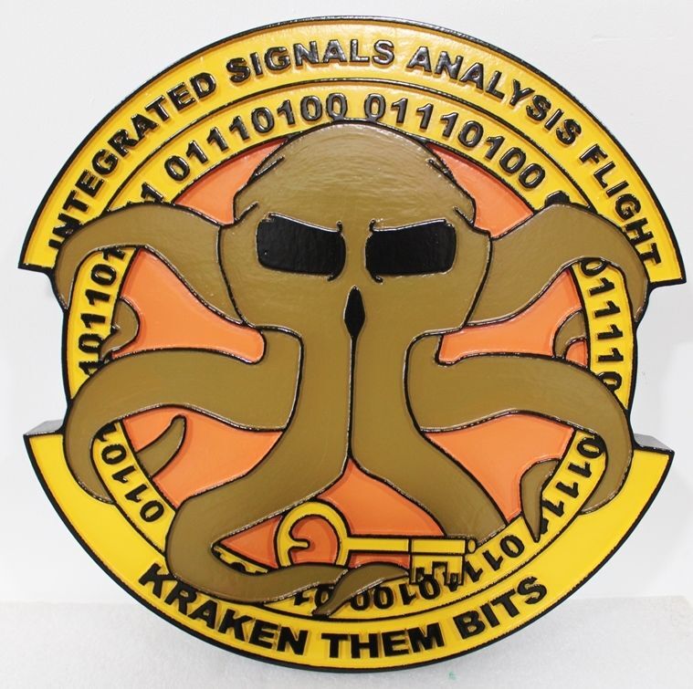 LP-4129 - Carved 2.5-D Raised Relief HDU Plaque of the Crest of the Integrated Signal Analysis Flight, "Kraken Them Bits"