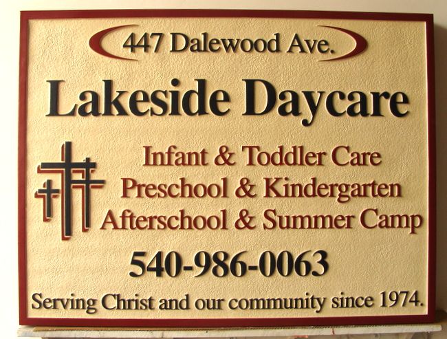 FA15951 - Carved   HDU Entrance Sign for the "Lakeside Daycare", 2.5-D Multi-level Raised Relief, with Cross as Artwork