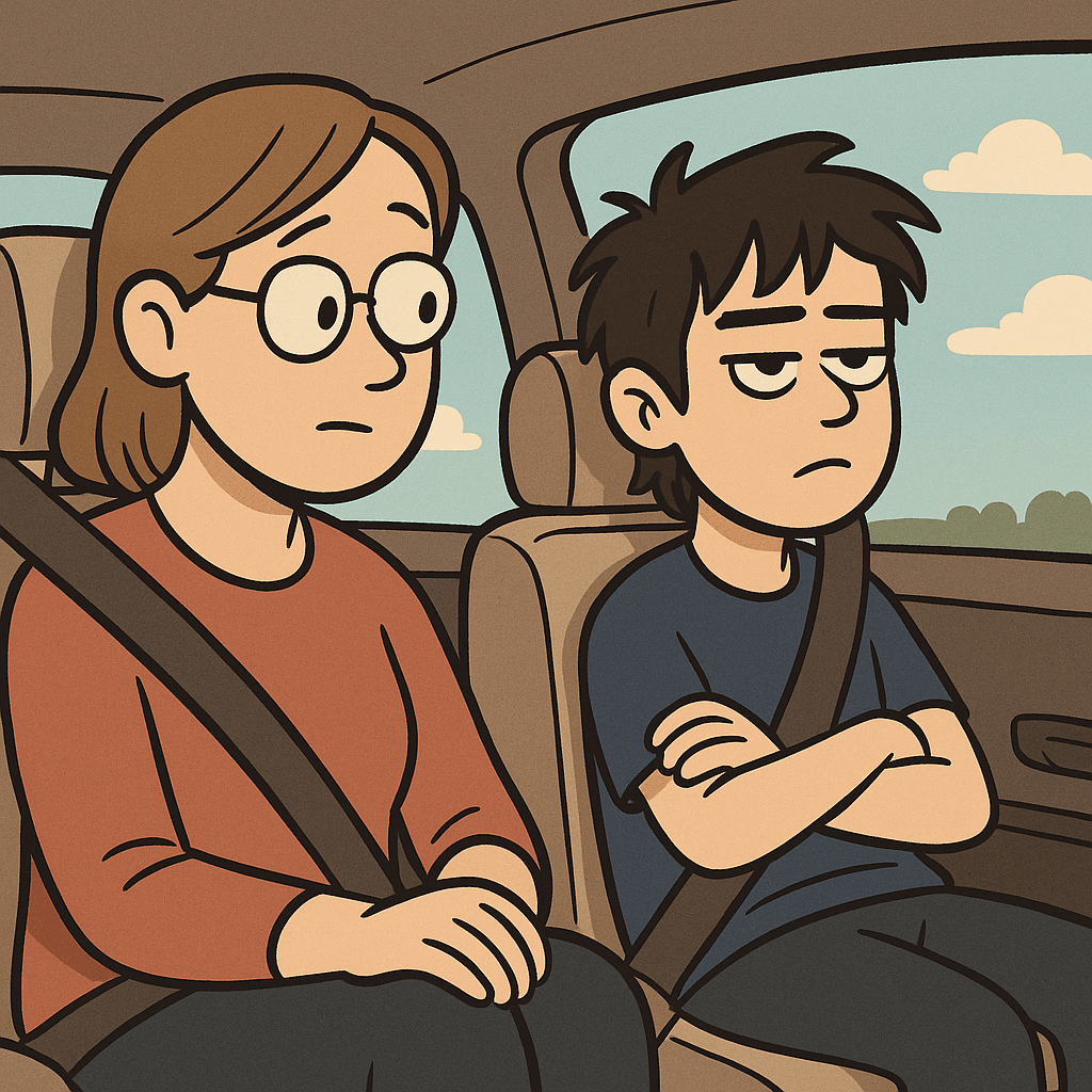 A cartoon of a teenager slouched in the passenger seat, staring out the window, while their parent glances over with quiet patience during a car ride.