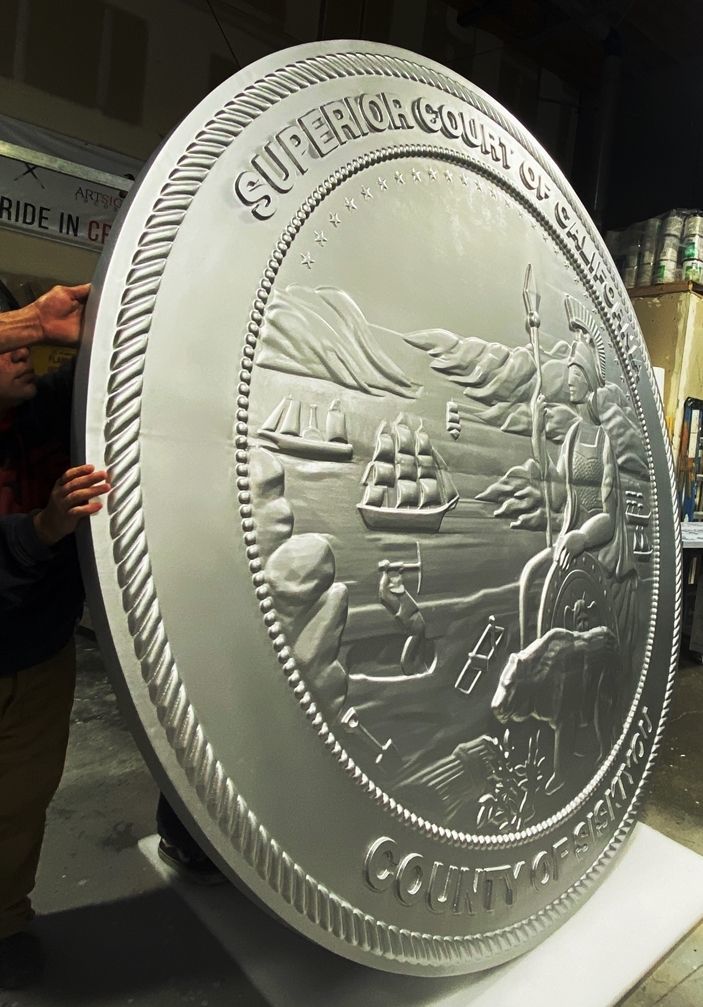 BP-1069 - Side View of a Large 8 ft Diameter Carved 3-D Wall Plaque of the Great Seal of the State of California