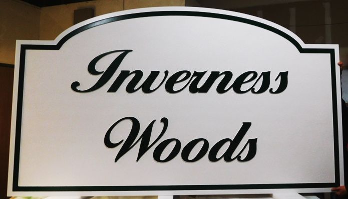 K20325 - Carved HDU Sign,  for  the "Inverness Woods"  Residential Community, with Wood Grain Sandblasted Background