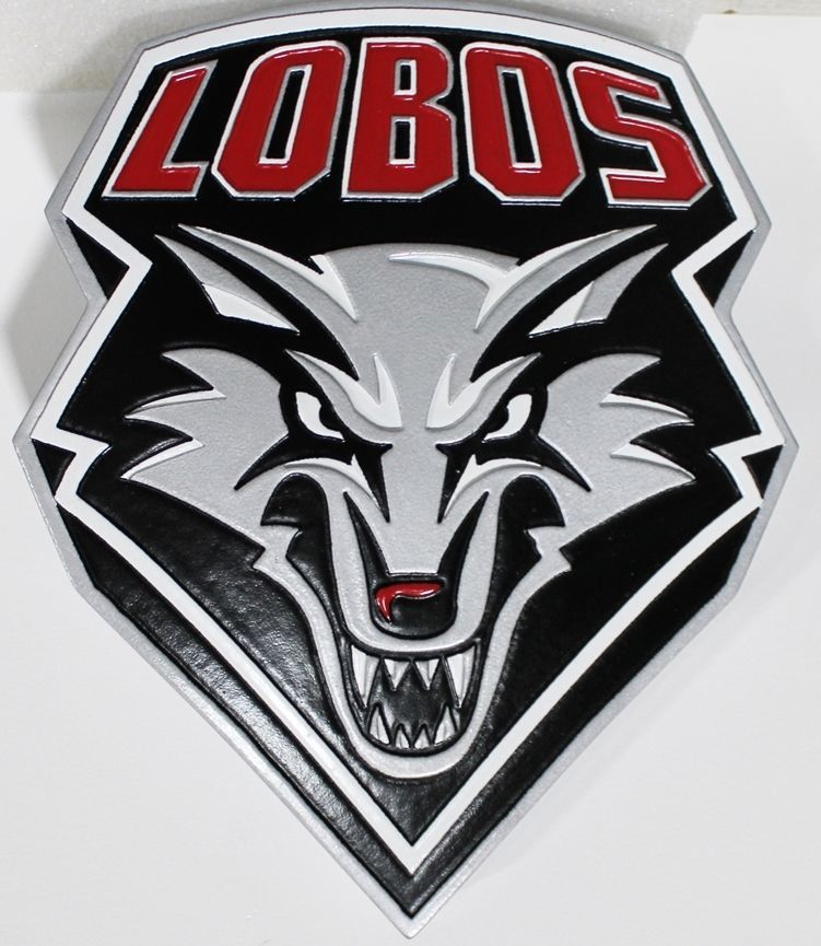 WP-1022 - Carved 2.5-D Multi-Level Raised Relief Plaque of theLogo of a High School Football Team , the "Lobos"