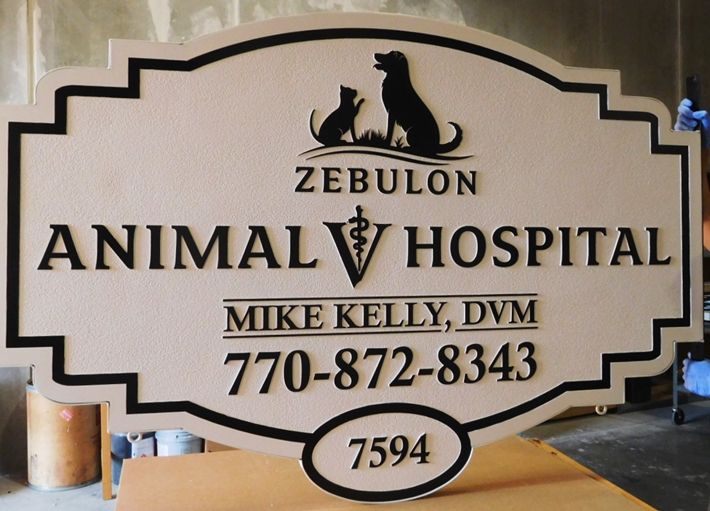 BB11758 - Carved  Entrance sign for the Zebulon Animal Hospital, with Profiles of a Dog and Cat