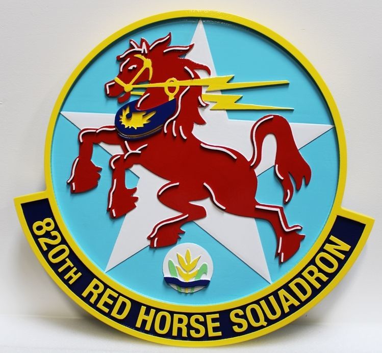 LP-7103 - Carved 2.5-D Multi-Level Raised Relief HDU Plaque of the Crest of the 820th Red Horse Squadron , USAF