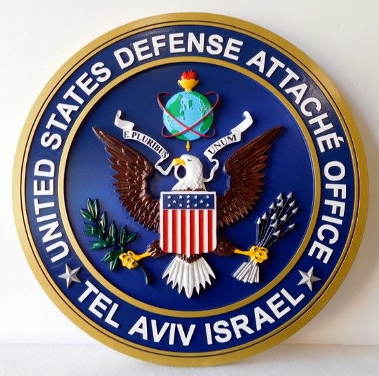 AP-3830- Carved Plaque of the Seal of the US Defense Office, Tel Aviv, Israel,  Artist Painted 