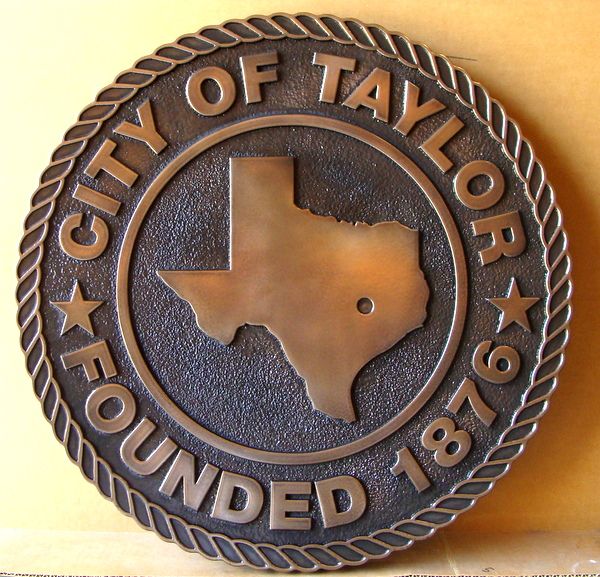 MA1080 - Seal of the City of Taylor, Texas, 2.5-D Sand-blasted Sandstone Painted Background