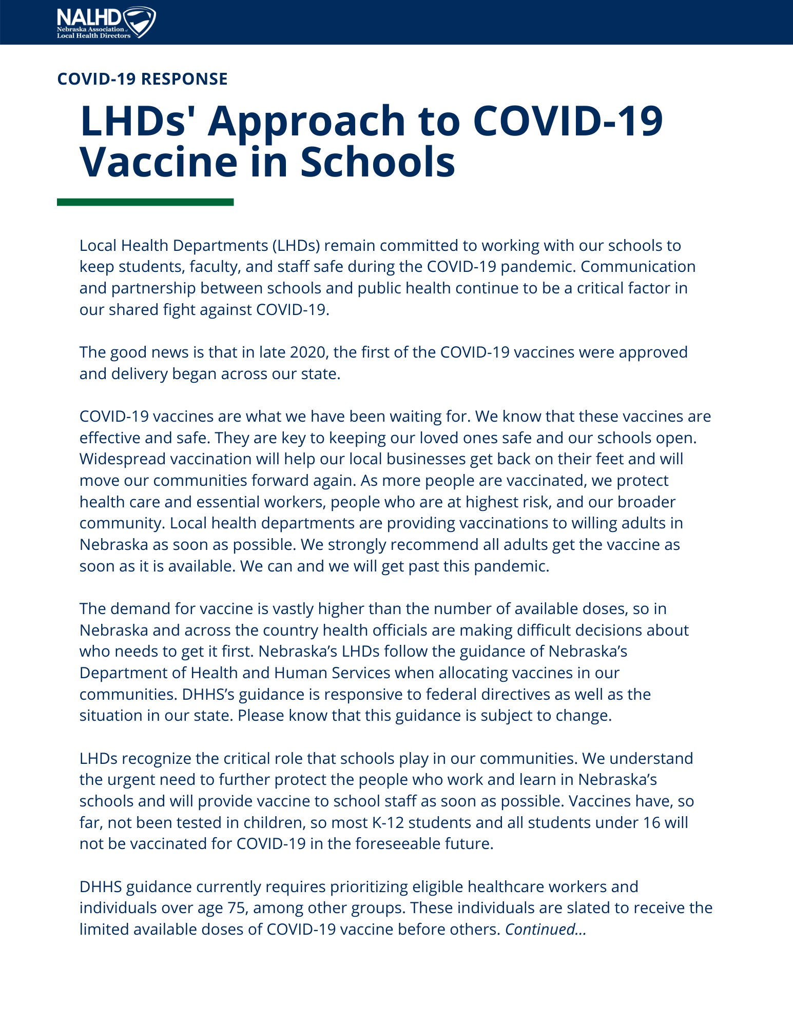 Approach to COVID-19 Vaccine in Schools