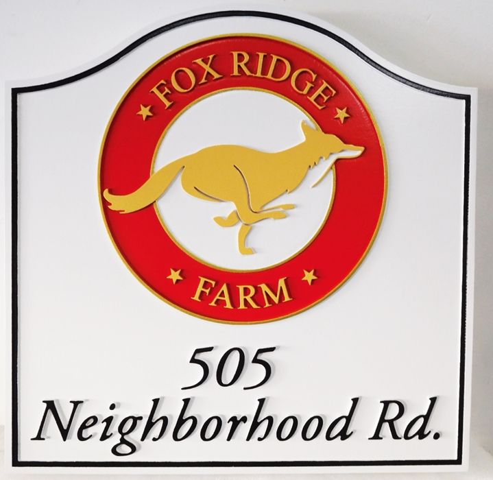 O24614 - Carved  "Fox Ridge Farm" Address and Entrance Sign, wit Artist-Painted Fox as Artwork